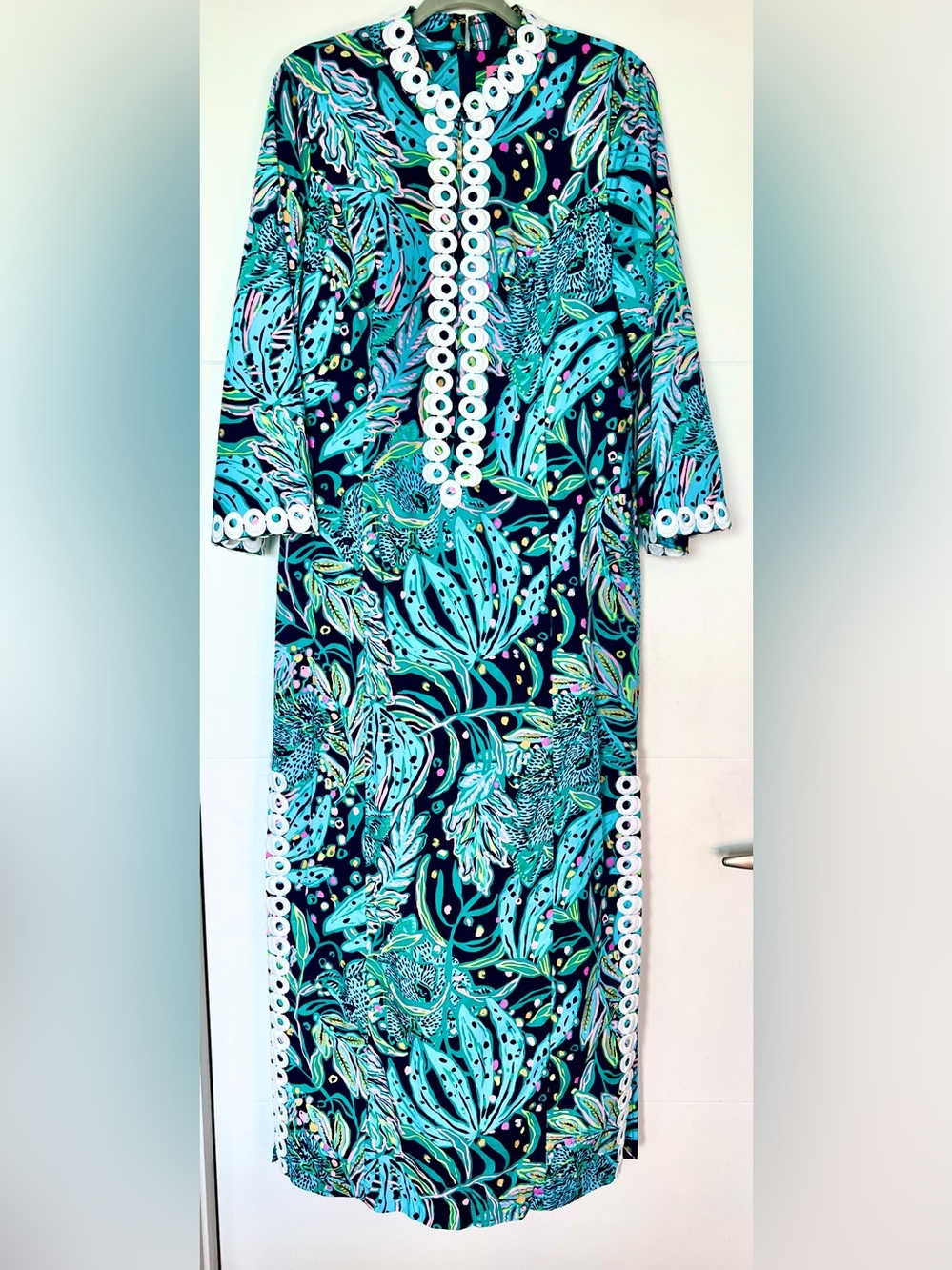 Lilly Pulitzer Shealyn Maxi Caftan Size 12 Navy Tropical Floral Cotton Lace Trim
